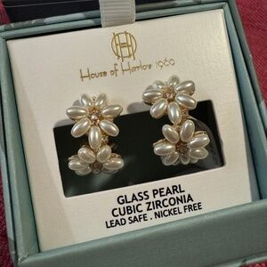 House of Harlow 1960 Gold Glass Pearl Flower Hoop Earrings NWT